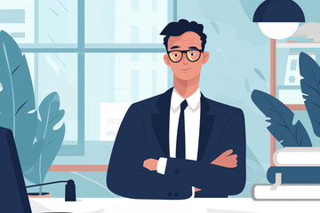 Businessman seated on a chair and  in minimalist office workspace background, business infographics elements, man works at office, work from home freelance concept, interviewing concept