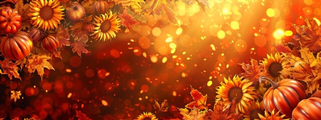 Autumn festive background. Joyful banner with warm seasonal colors. composition of pumpkins. fall leaves and sunflowers. Thanksgiving season banner. - obrazy, fototapety, plakaty
