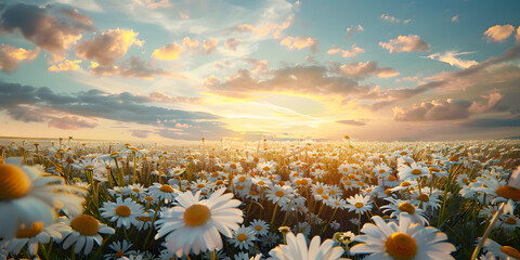 Field of daisies at sunset. Beautiful summer landscape with flowers