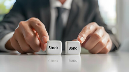 Cube on the table with word “Stock” and “Bond”, selecting or diversifying investments in stocks and bonds, risk and portfolio management concept