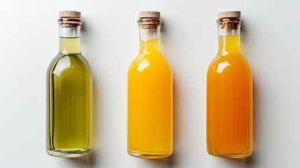 Bottles of fresh fruit and vegetable juices with water drops on white background