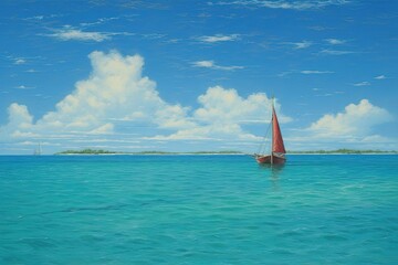 Polynesian Style Sailboat Painting in Turquoise Ocean