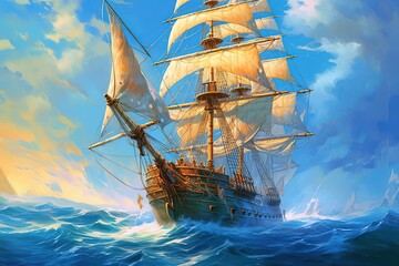Sailing Ship in the Ocean - Detailed Matte Painting for Beautiful Wallpaper - obrazy, fototapety, plakaty