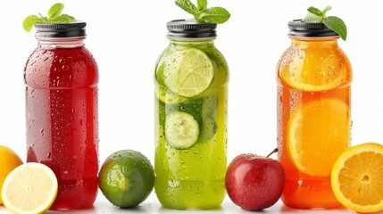 Bottles of fresh fruit and vegetable juices with water drops on white background