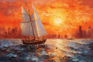Gorgeous Sailboat Painting in the Ocean - Orange Sunset