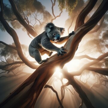 Koala bear walks around the heights in eucalyptus tree, Australian outback
