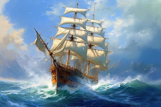 Fantasy Sailing Ship Painting - Detailed Matte Art with Realistic Artstyle