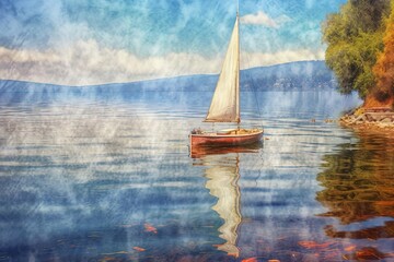 Sailboat on a Lake - Impressionist Landscape
 - obrazy, fototapety, plakaty
