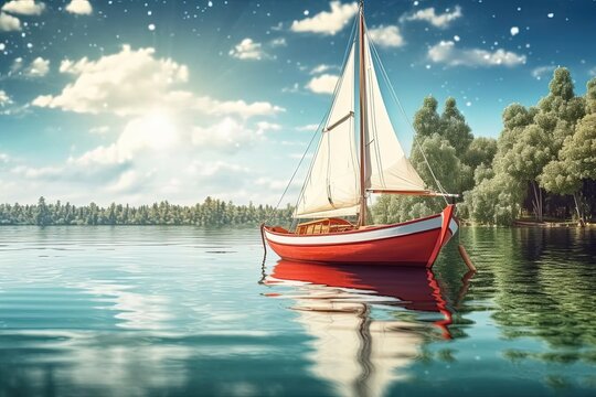 Red Boat on a Lake - Detailed Matte Painting 