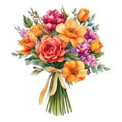 Wedding style flower bouquet, watercolor illustration of flower bouquet tied with ribbon, cute vector decoration element 