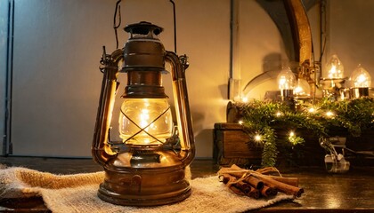 a digital illustration featuring a retro emergency lantern before the advent of LEDs. Use warm color tones and intricate details to evoke a sense of nostalgia and showcase the craftsmanship of these c