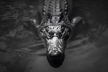 Wandcirkels tuinposter Black and white photo of crocodile in the water, closeup © Andsx