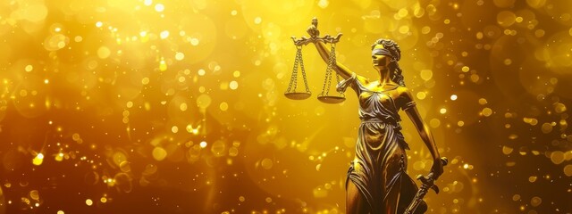 Lady justice statue isolated on the glowing yellow infinity background, judge and judgment concept