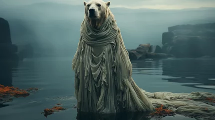 Fotobehang Surreal image of polar bear draped in cloak standing on misty lakeshore evoking fantasy atmosphere © amixstudio