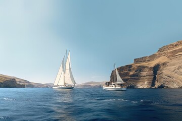 Fototapeta premium White Sailing Boats Floating in Ocean - Detailed Matte Painting 