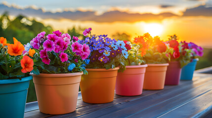 Colorful flowers in pots on the balcony at sunset