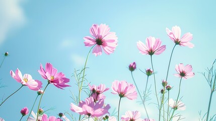 Fototapeta na wymiar Spring flowers fly on a blue sky background. Beautiful pastel pink flower arrangement. Summer wallpaper,generative ai