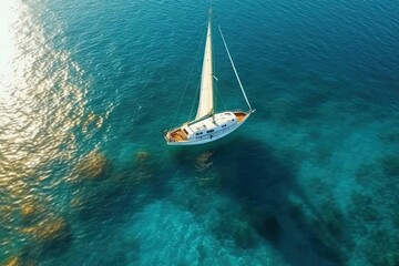 Sailboat and Yacht in Sunny Ocean | Turquoise Waters, Shining Sun - Aerial View