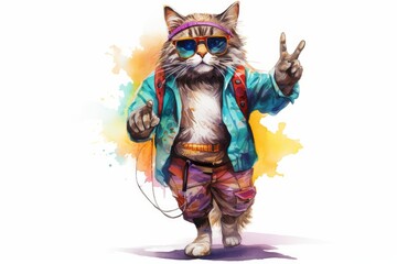 Hippie cat in sunglasses, watercolor bright colorful illustration, white isolated background. 