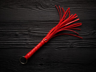 Red whip for adult role play games over black wooden background - obrazy, fototapety, plakaty