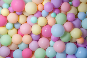 Fototapeta na wymiar Colorful soft pastel balloons background. Pink, purple, yellow, mint green, peach. Horizontal image. 