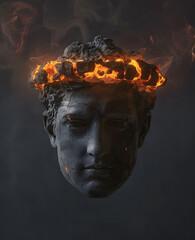 Floating grey man greek sculpure head wearing crown created from lava isolated on dark background