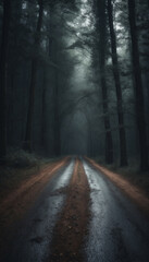 Dark Road Cutting Through Forest