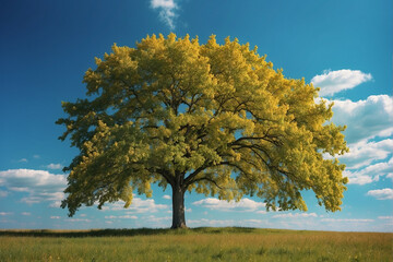 Obraz premium A Lone Maple Tree in a Meadow on a Sunny Day