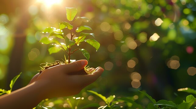 Human hands holding a small tree growing in the soil with sunlight.