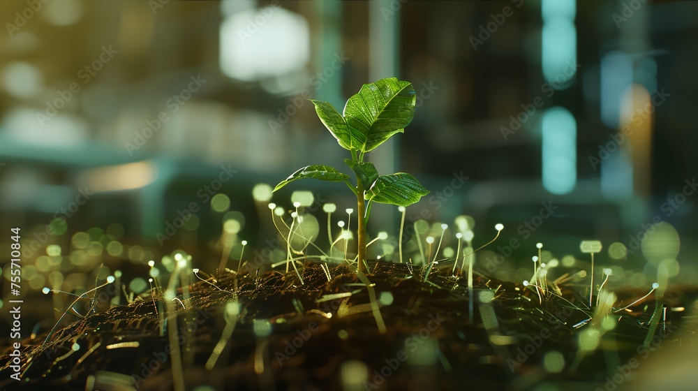 Sticker green sprouts grow from seed in the morning with sunlight.