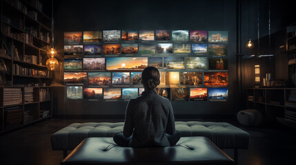 Fototapeta na wymiar Man sitting in dark room with multiple screens displaying surveillance footage.