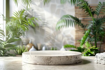 Travertine empty round podium on blurred sustainable bathroom interior background with plants and towels. Scene stage showcase for beauty and spa products. cosmetics. promotion sale or advertising