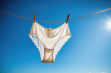 white underwear dries against a blue sky background