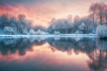 Snow Covered Trees Surrounding Lake