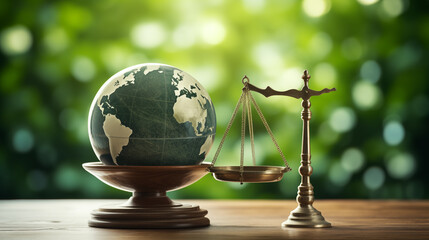 Globe and scale of justice, global law, international justice, and environmental legislation. - obrazy, fototapety, plakaty