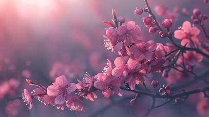 Spring Plum blossoms in haze. Pink flowers.,generative ai,  - obrazy, fototapety, plakaty