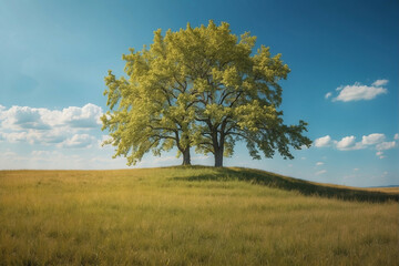 Fototapeta premium Two Maple Trees Standing Tall on a Sunny Meadow