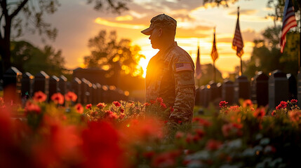 military man, soldier at a military cemetery. A moment of silence in honor of the fallen soldiers. Memorial Day in the USA