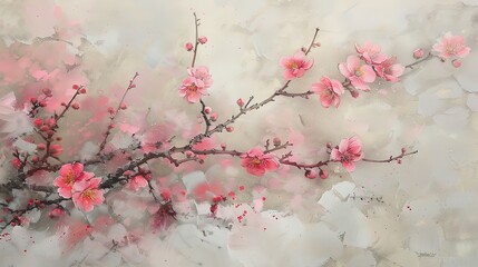 Spring Plum blossoms in haze. Pink flowers.,generative ai, 