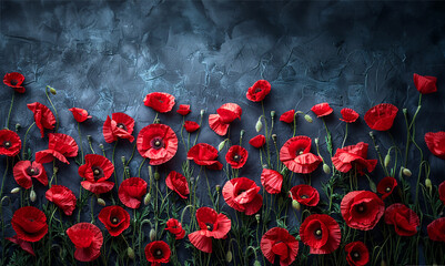 Red poppy flowers on a black granite background. The poppy is a symbol of memory of the fallen. Memorial Day in the USA.