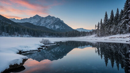 Snow Covered Trees Reflecting in Mountain Lake