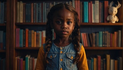 cute african american girl looking at camera in library