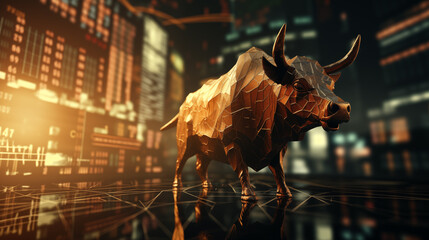 Digital artwork of bull in dynamic pose with futuristic background, financial market growth strength