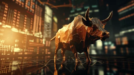 Fotobehang Digital artwork of bull in dynamic pose with futuristic background, financial market growth strength © amixstudio