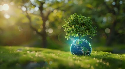 Obraz na płótnie Canvas Globe with a tree on green grass, save the world concept.