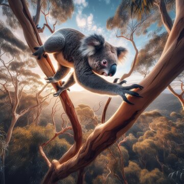 Koala bear walks around the heights in eucalyptus tree, Australian outback
