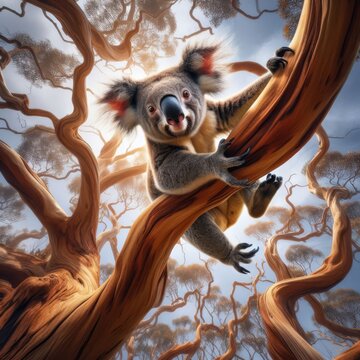 Koala bear walks around the heights in eucalyptus tree, Australian outback
