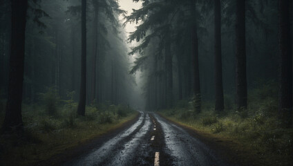 Fototapeta premium Wet Road in the Middle of a Forest