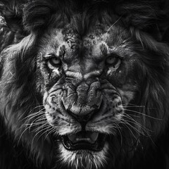 Close-up of an angry lion's head. lion in monochrome style