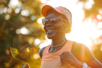 Africa woman. she's running outside on sunny day.  solf light and bokeh style. she's 55 year old. beautiful eyes and healthy. she's smiling in Sport wear. smart watch and sunglasses. - obrazy, fototapety, plakaty